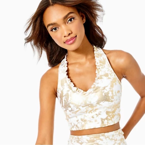 LILLY PULITZER LINDSAY SPORTS BRA SHORELINE FOIL GOLD WHITE TOP S - Picture 1 of 10